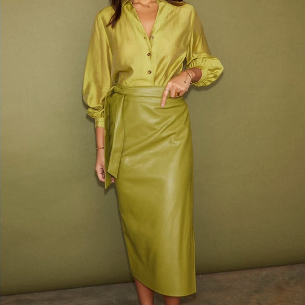 Never Fully Dressed Olive Faux Leather Wrap Midi Skirt - Picture 8 of 9